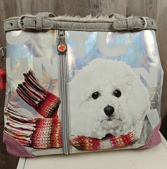 Fuzzy Nation Shoulder Bag Womens Dog Print Faux Fur Lined Double Handle Purse - Picture 2 of 14